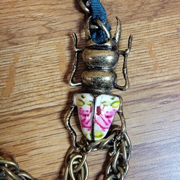 Very Unique Brass Chain Necklace with Teal Ribbon And Beattle Pendent - Picture 2 of 5